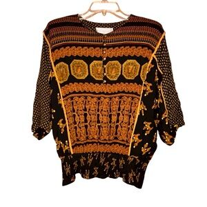 A.C. Sport Vtg USA Black Gold Baroque Blouse Smocked 14 Shoulder Pads‎ 80s 90s